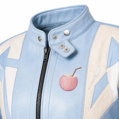 PinkyCoco Baby Blue Retro jacket collar zipper and coconut emblem detail