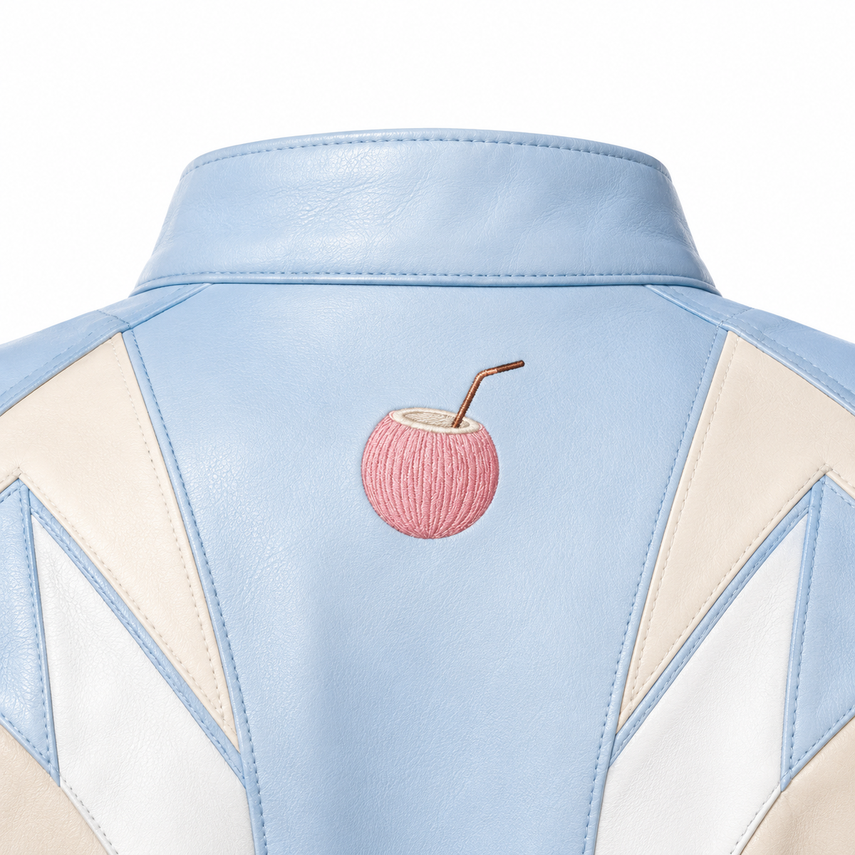 PinkyCoco Baby Blue Retro jacket back coconut emblem close-up