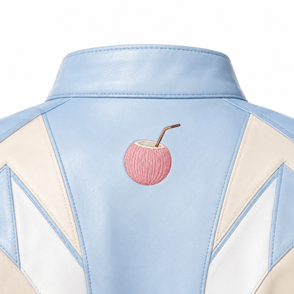 PinkyCoco Baby Blue Retro jacket back coconut emblem close-up