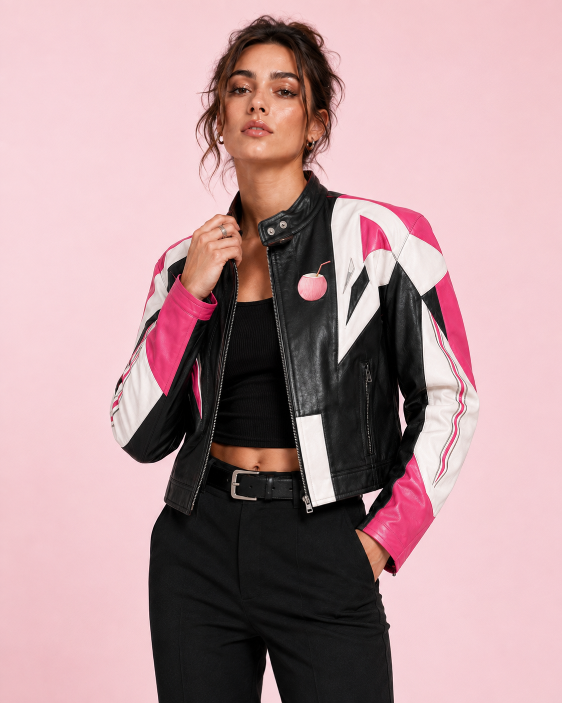 PinkyCoco Barbiecore women's pink and black racing jacket front model view