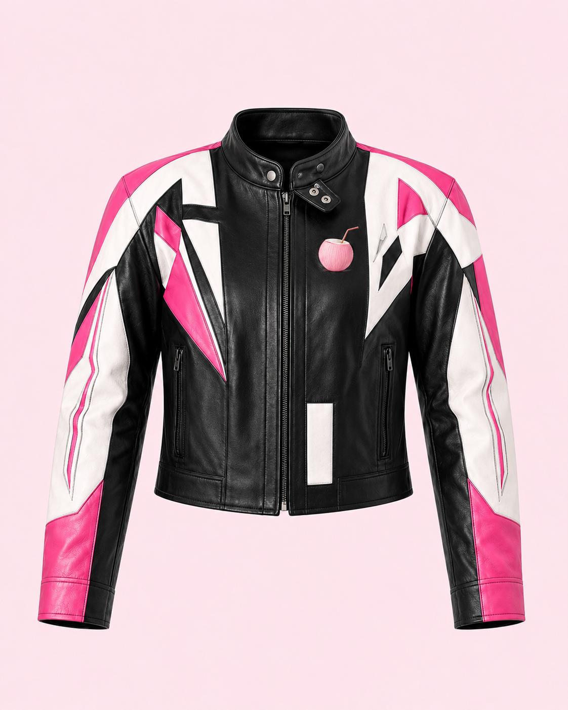 PinkyCoco Barbiecore pink black racing jacket front product view