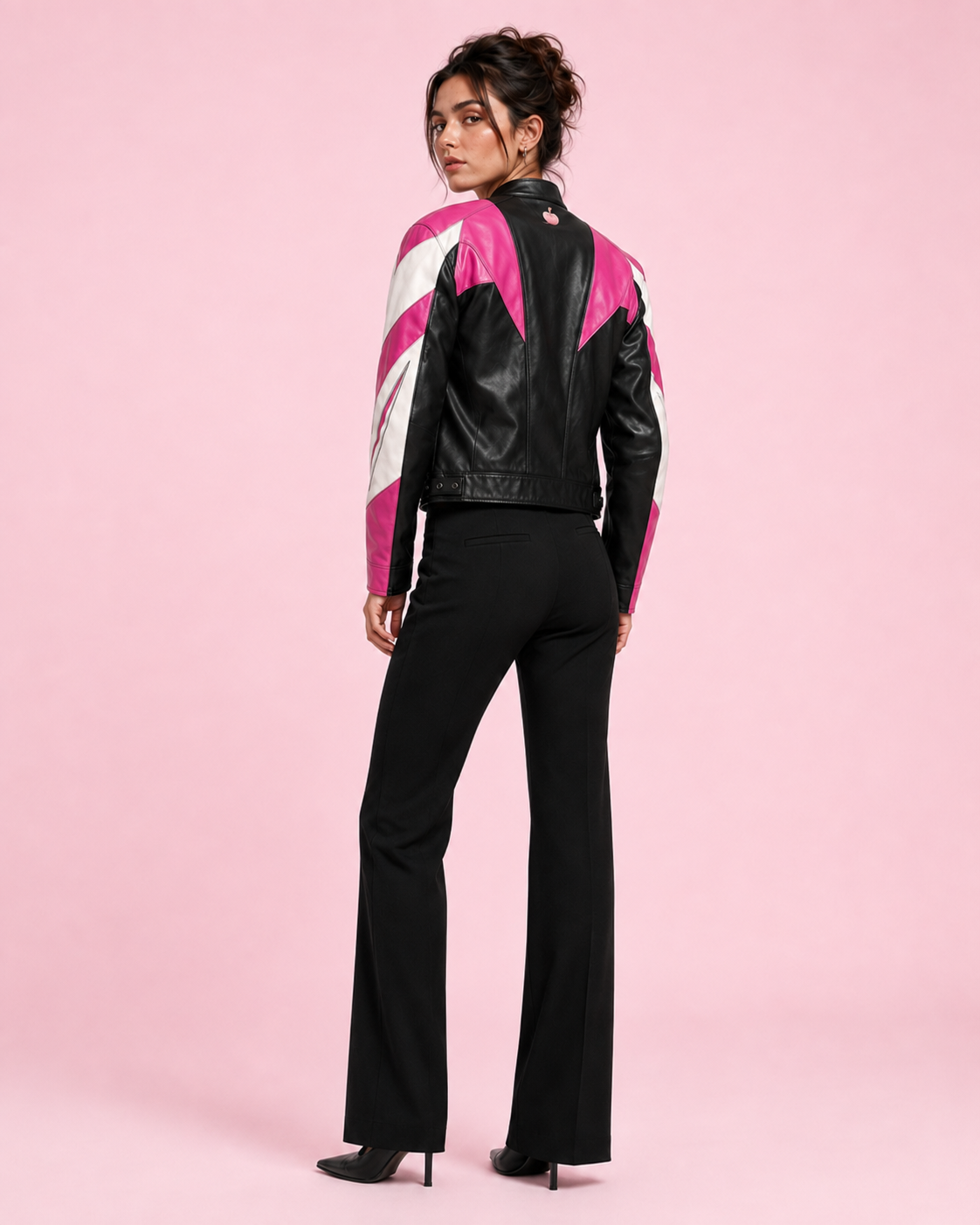 PinkyCoco Barbiecore women's racing jacket back model view
