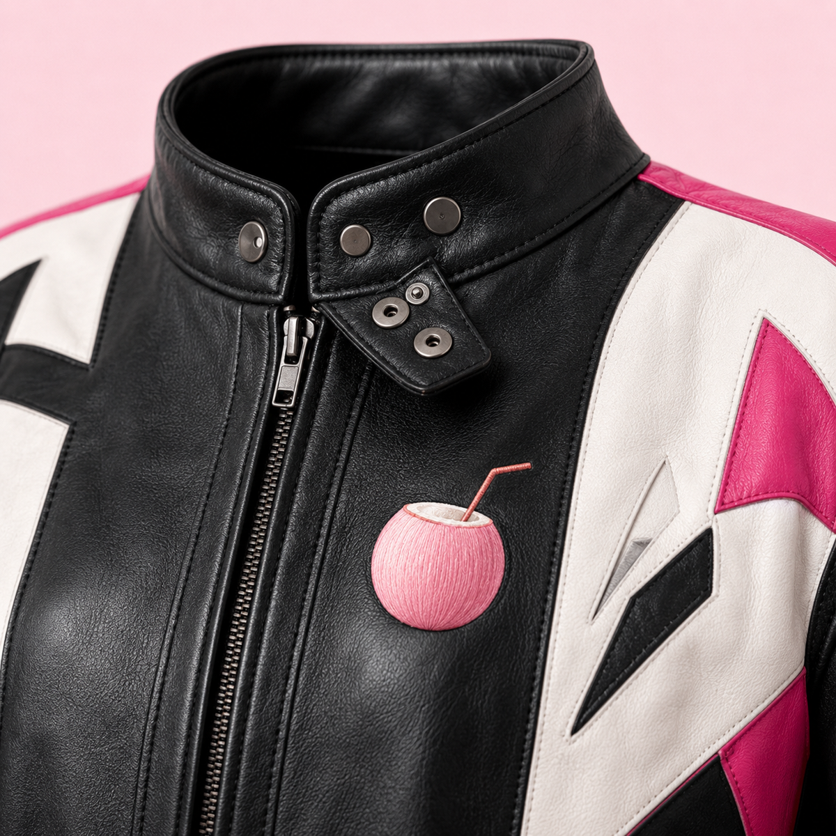 PinkyCoco Barbiecore jacket collar zipper and coconut emblem detail