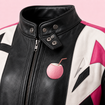 PinkyCoco Barbiecore jacket collar zipper and coconut emblem detail