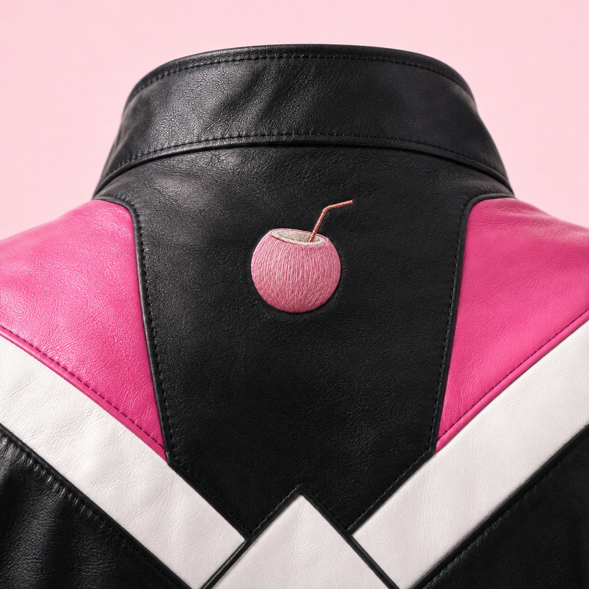 PinkyCoco Barbiecore jacket back coconut emblem close-up