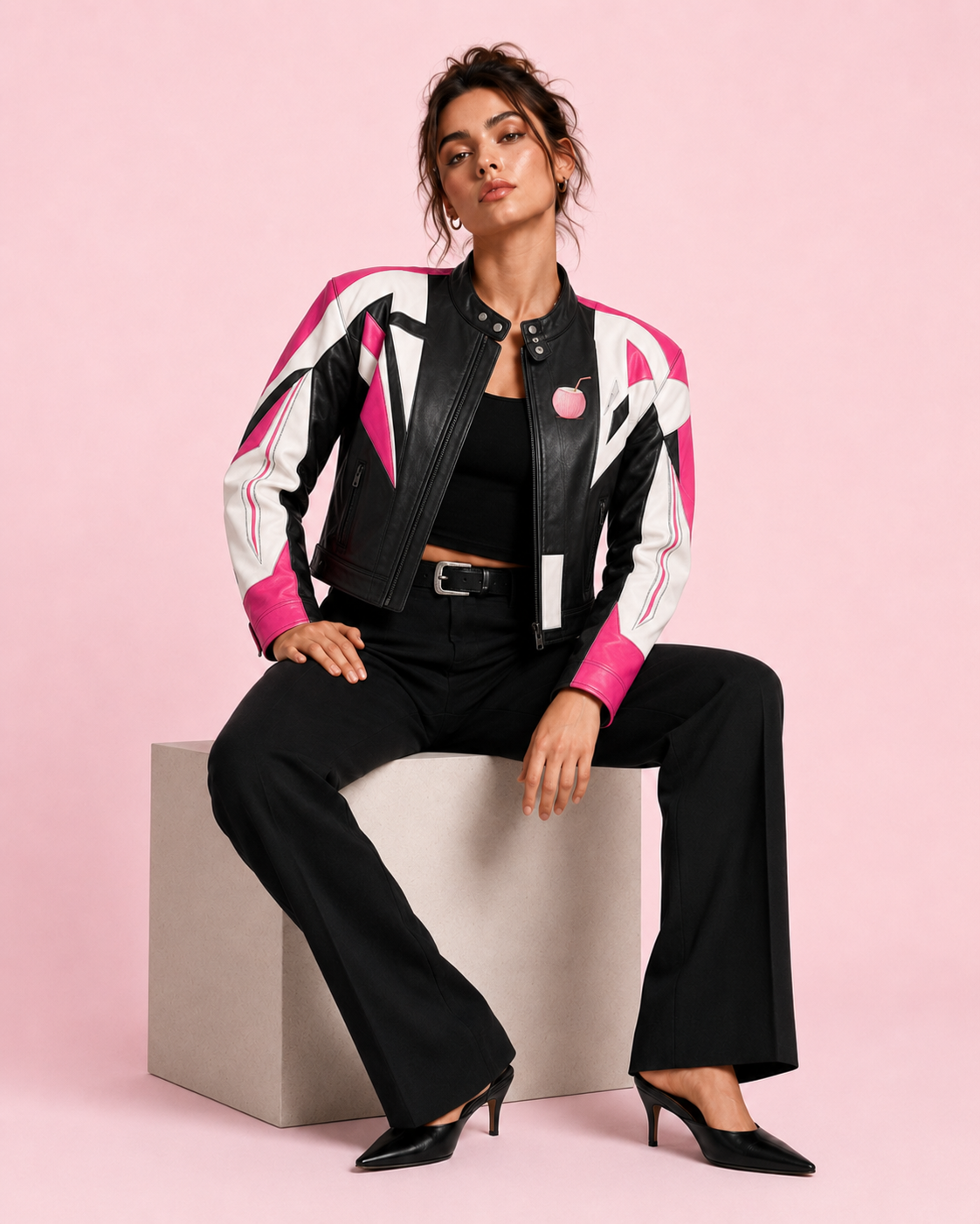 PinkyCoco Barbiecore women's racing jacket seated lifestyle view