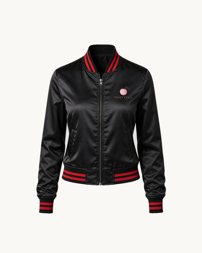 PinkyCoco Black Red Coco Women's Satin Bomber Jacket