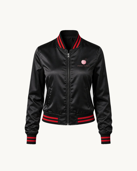 PinkyCoco Black Red Coco Women's Satin Bomber Jacket
