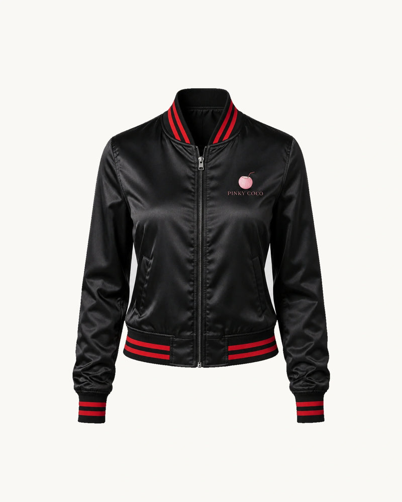 PinkyCoco Black Red Coco Women's Satin Bomber Jacket