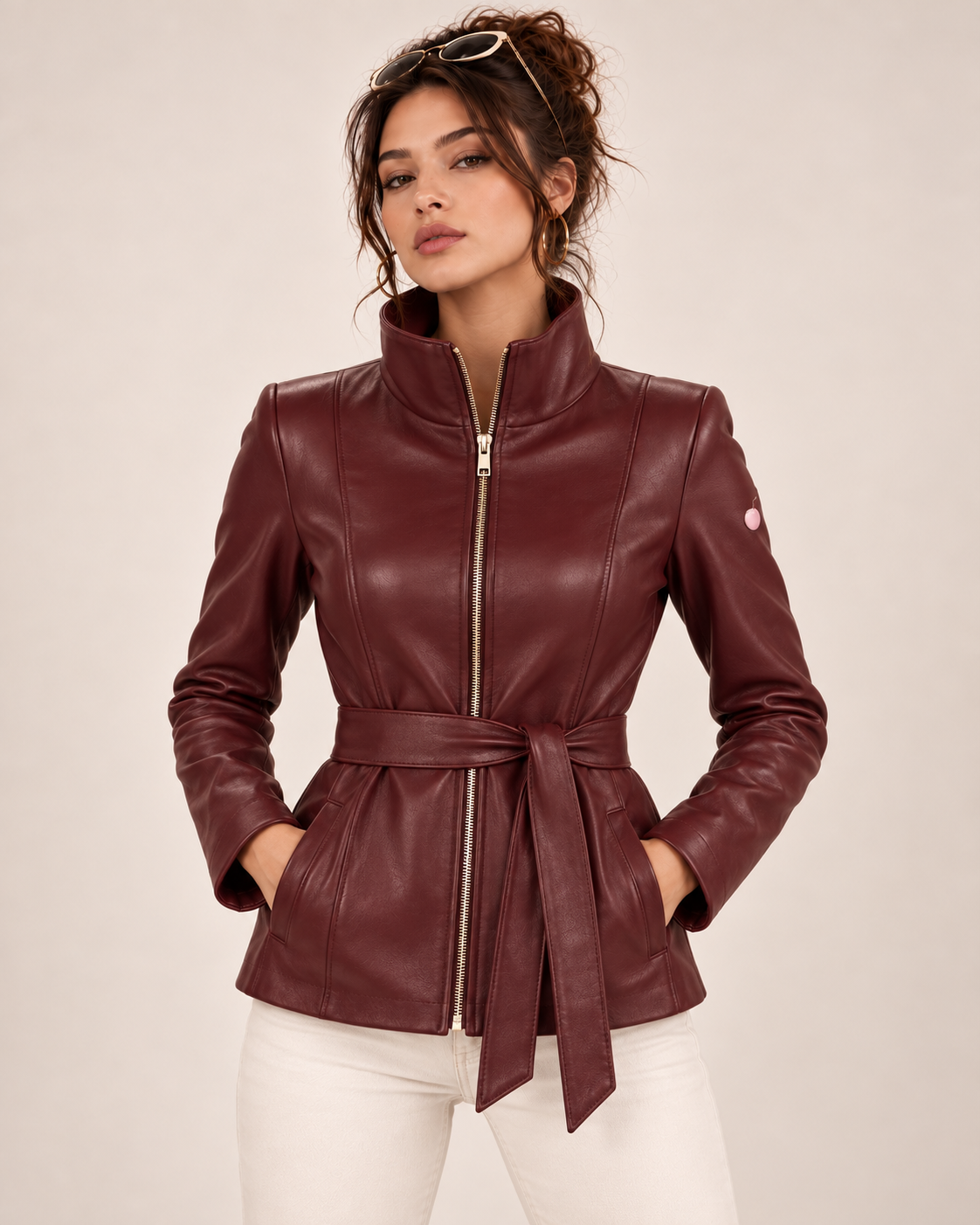 PinkyCoco Burgundy Belted women's funnel-neck jacket front model view
