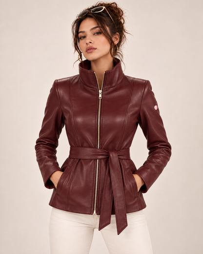 PinkyCoco Burgundy Belted women's funnel-neck jacket front model view