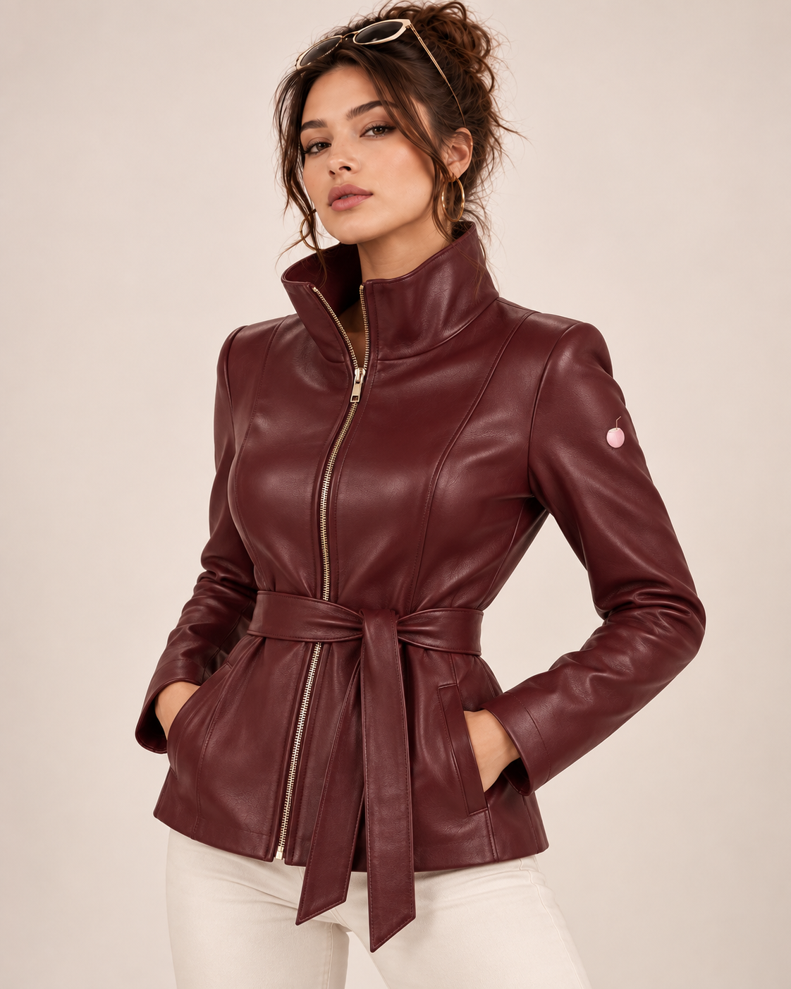 PinkyCoco Burgundy Belted women's burgundy jacket straight front view