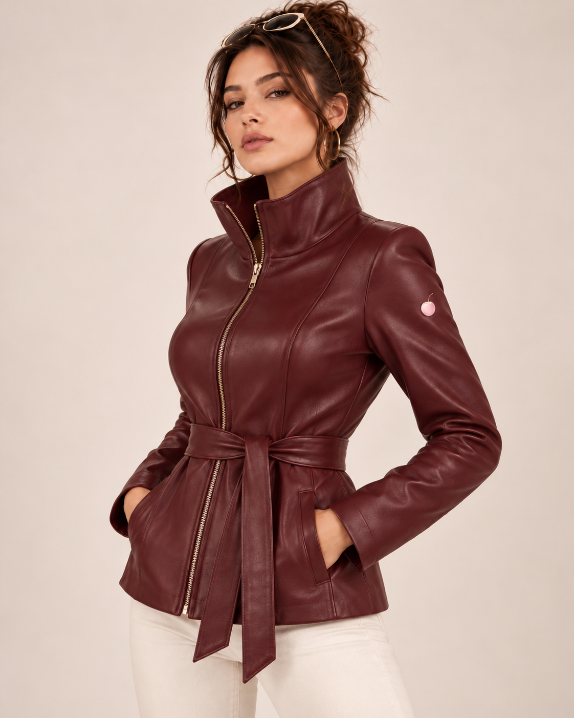 PinkyCoco Burgundy Belted funnel-neck jacket belted front styling
