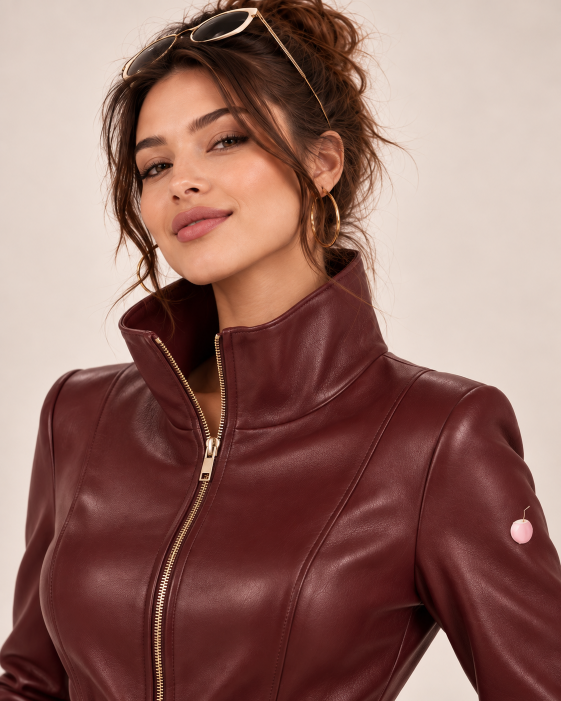 PinkyCoco Burgundy Belted jacket high collar and front zipper view