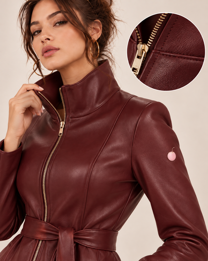 PinkyCoco Burgundy Belted burgundy jacket zipper and texture detail