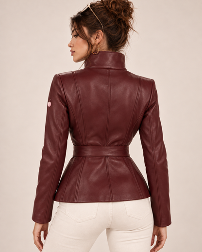 PinkyCoco Burgundy Belted women's jacket full back view
