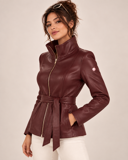 PinkyCoco Burgundy Belted women's jacket three-quarter front styling