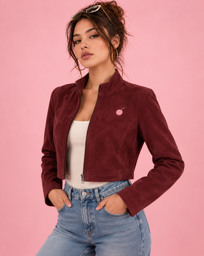 PinkyCoco Burgundy Cropped women's suede jacket front model view