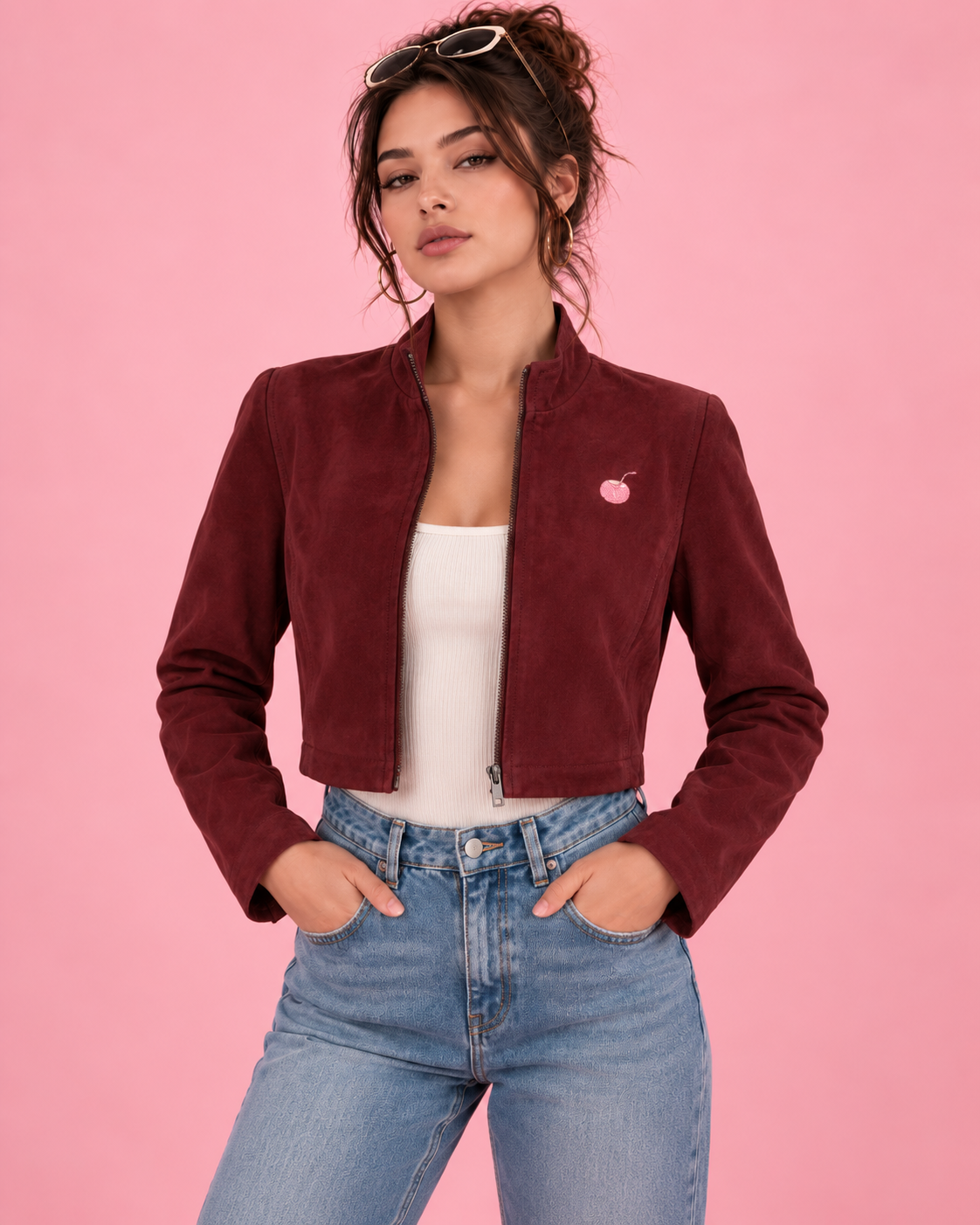 PinkyCoco Burgundy Cropped suede jacket straight front styling