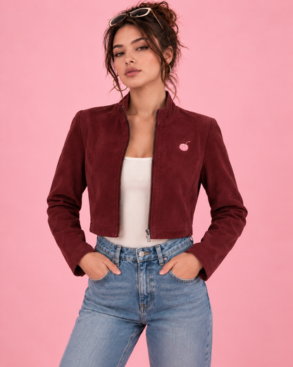 PinkyCoco Burgundy Cropped suede jacket straight front styling