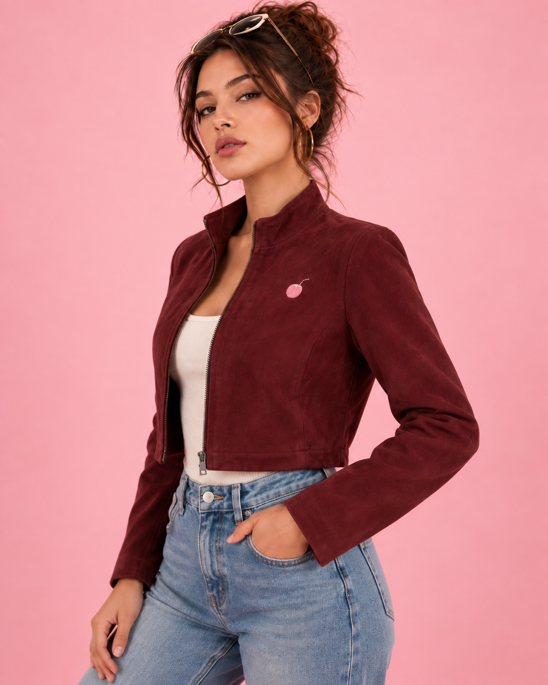 PinkyCoco Burgundy Cropped women's jacket angled front view