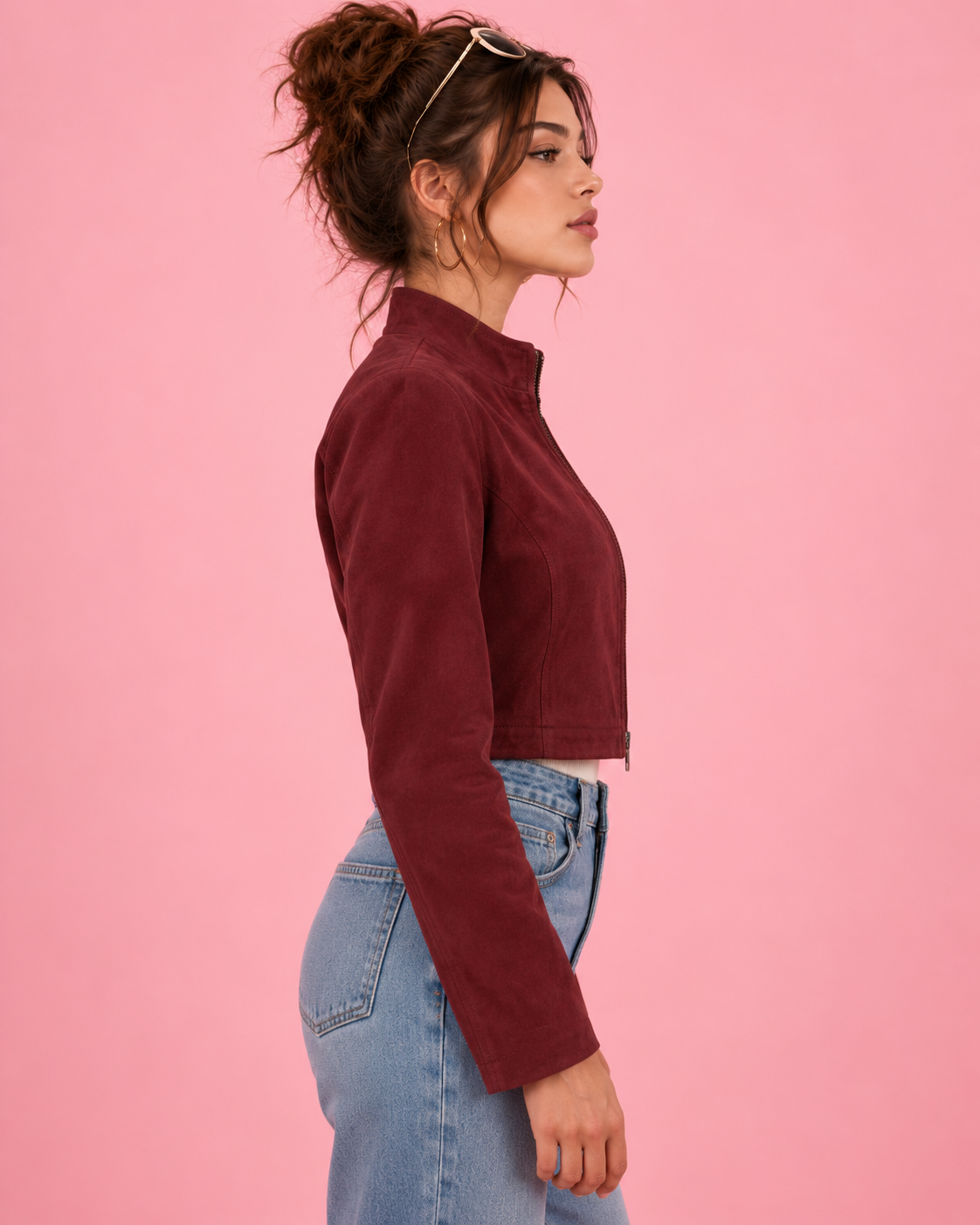 PinkyCoco Burgundy Cropped suede jacket right side profile
