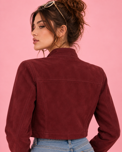 PinkyCoco Burgundy Cropped suede jacket rear three-quarter view
