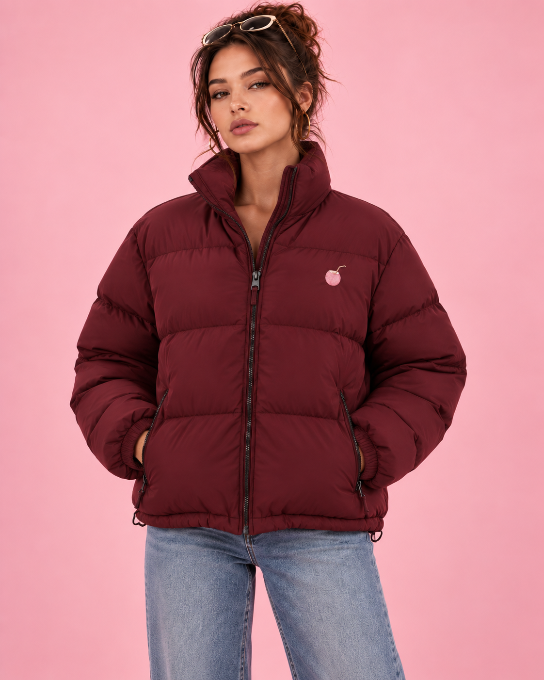 PinkyCoco Burgundy High-Collar women's puffer jacket front view