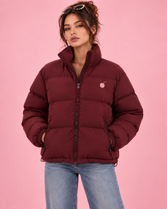PinkyCoco Burgundy High-Collar women's puffer jacket front view