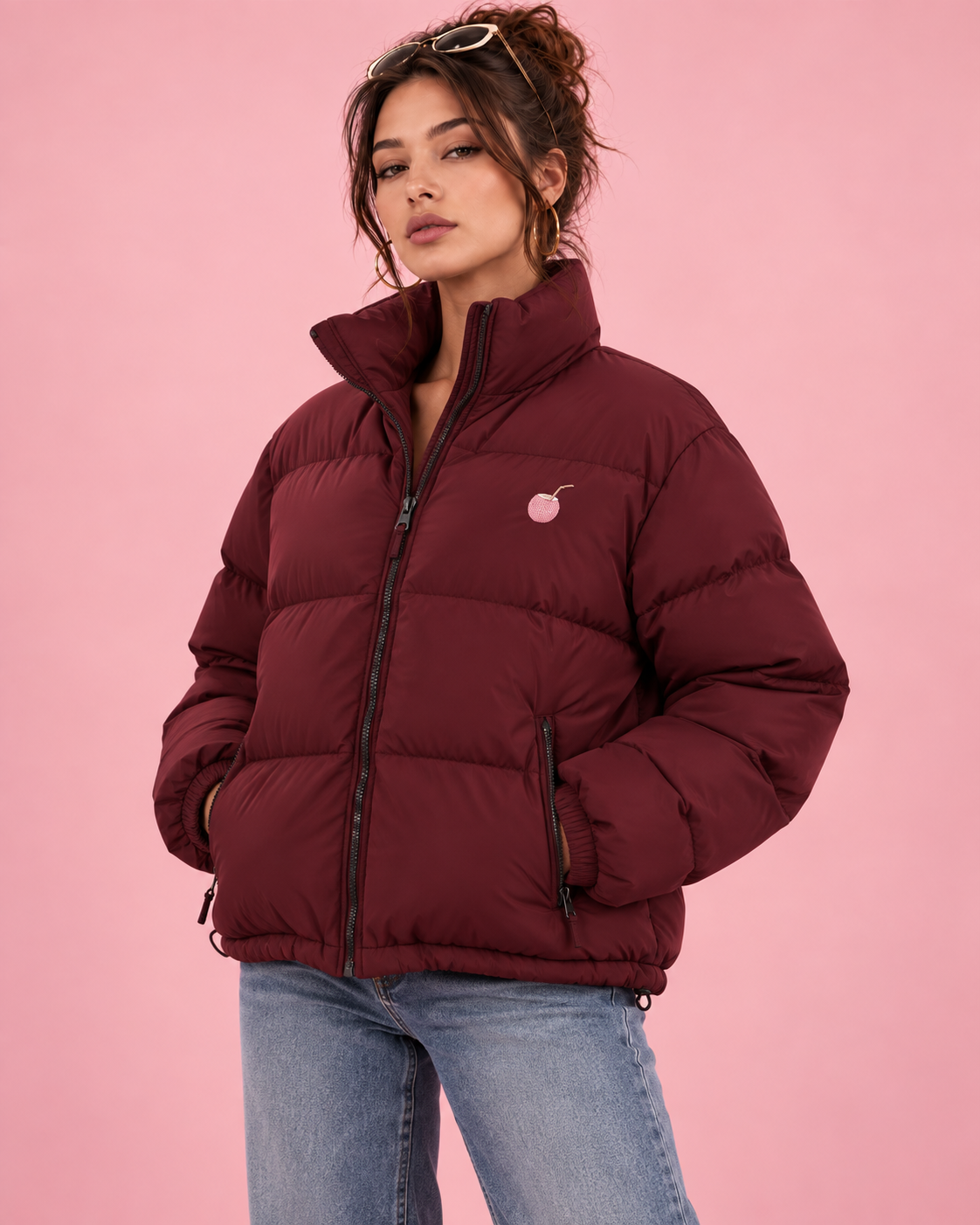 PinkyCoco Burgundy High-Collar puffer jacket straight front styling