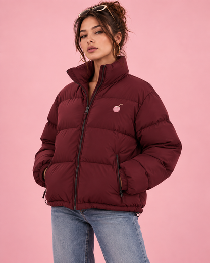 PinkyCoco Burgundy High-Collar puffer jacket straight front styling