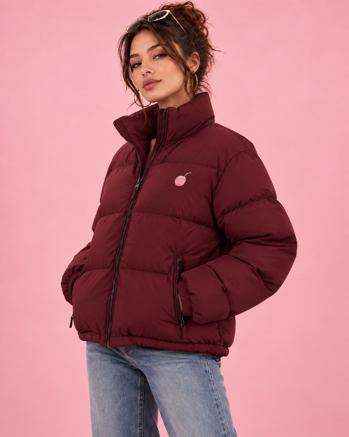 PinkyCoco Burgundy women's puffer jacket three-quarter view