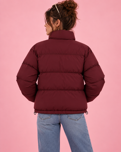 PinkyCoco Burgundy puffer jacket full back view