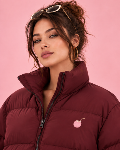 PinkyCoco Burgundy High-Collar puffer jacket close portrait view