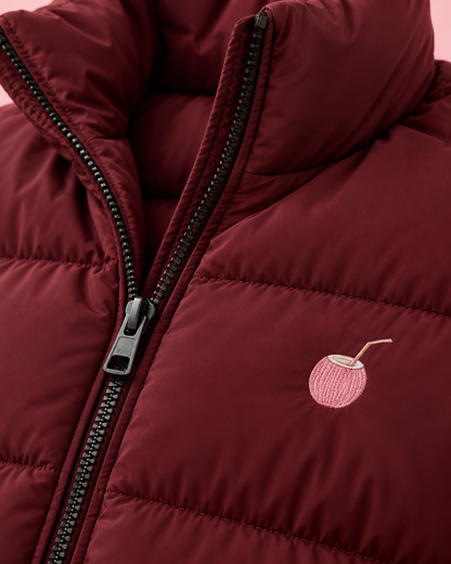 PinkyCoco Burgundy puffer jacket zipper and coconut logo detail