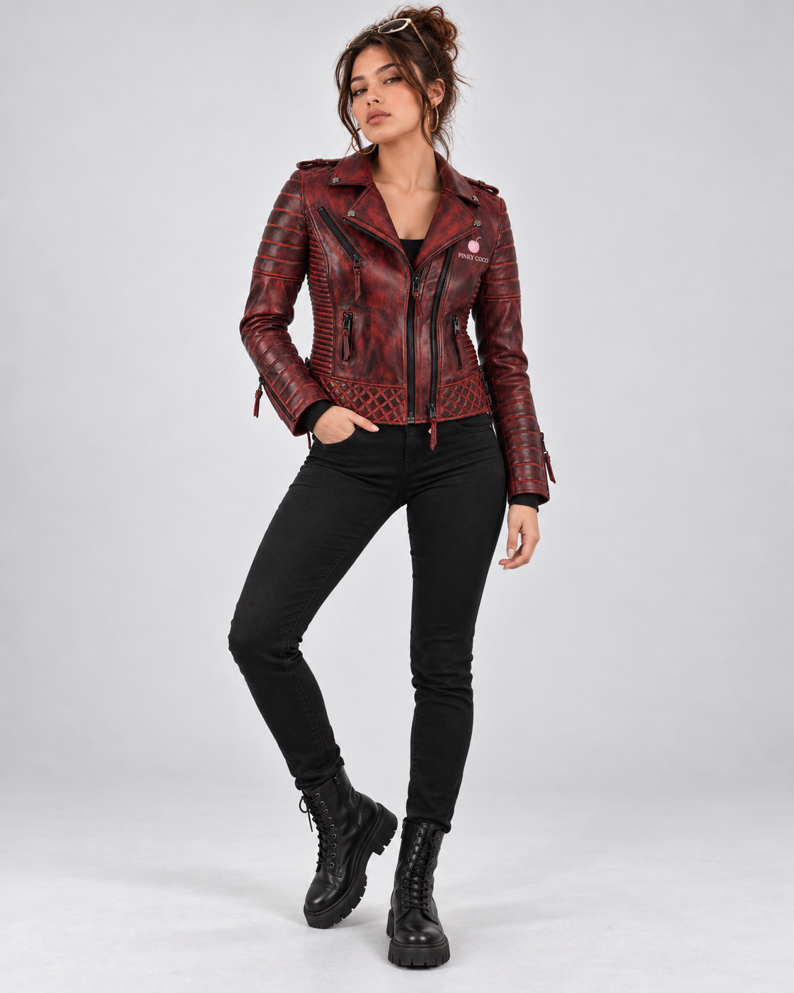 PinkyCoco Burnt Crimson women's Italian lambskin leather biker jacket full front model view