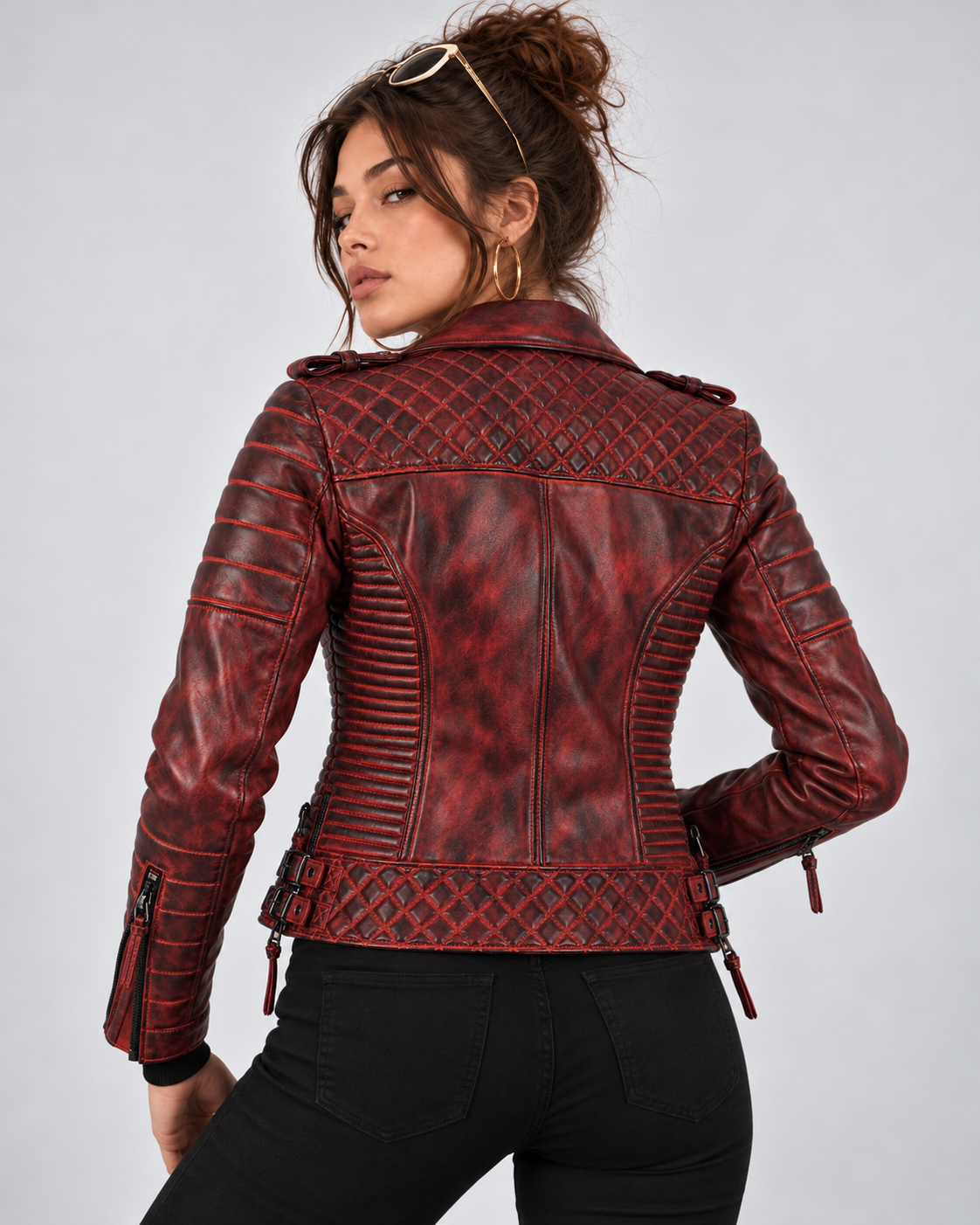 PinkyCoco Burnt Crimson lambskin biker jacket back model view