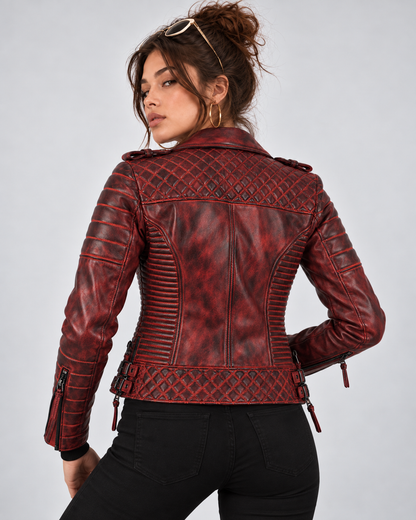 PinkyCoco Burnt Crimson lambskin biker jacket back model view