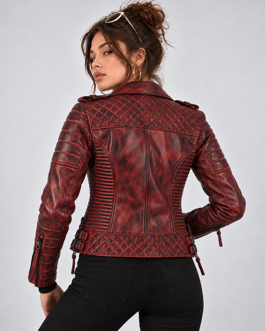 PinkyCoco Burnt Crimson lambskin biker jacket back model view