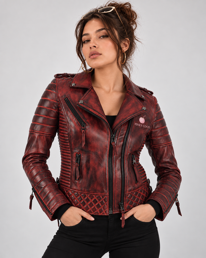 PinkyCoco Burnt Crimson women's red leather biker jacket straight front view