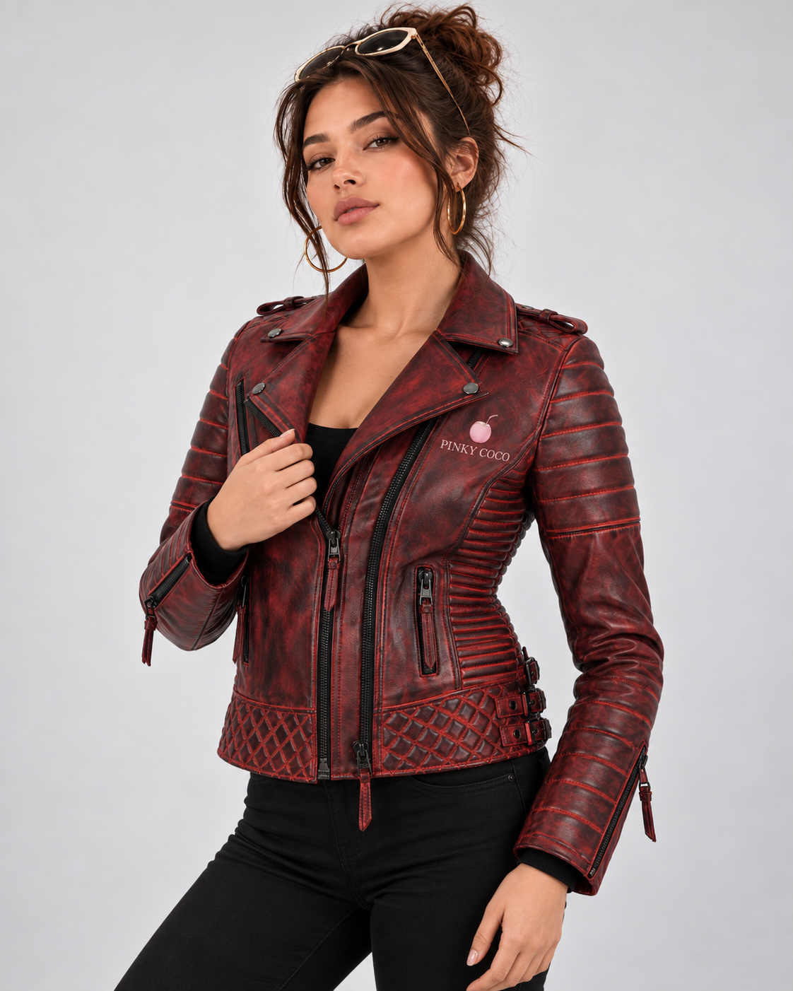 PinkyCoco Burnt Crimson leather jacket three-quarter front styling