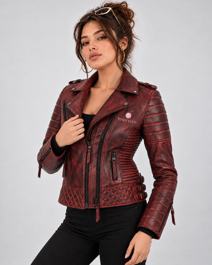 PinkyCoco Burnt Crimson leather jacket three-quarter front styling