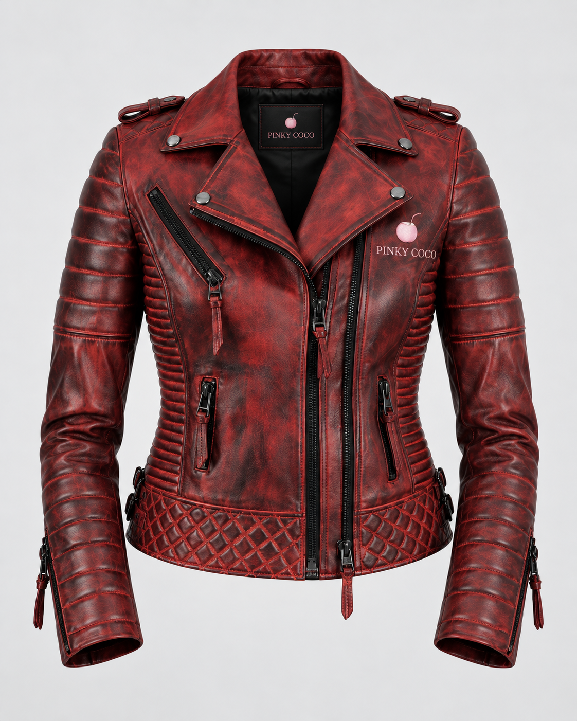 PinkyCoco Burnt Crimson women's biker jacket product front view