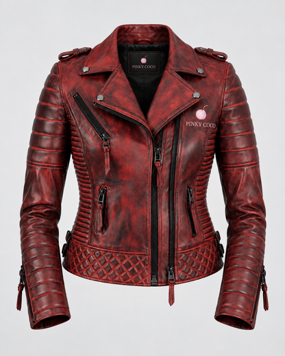 PinkyCoco Burnt Crimson women's biker jacket product front view