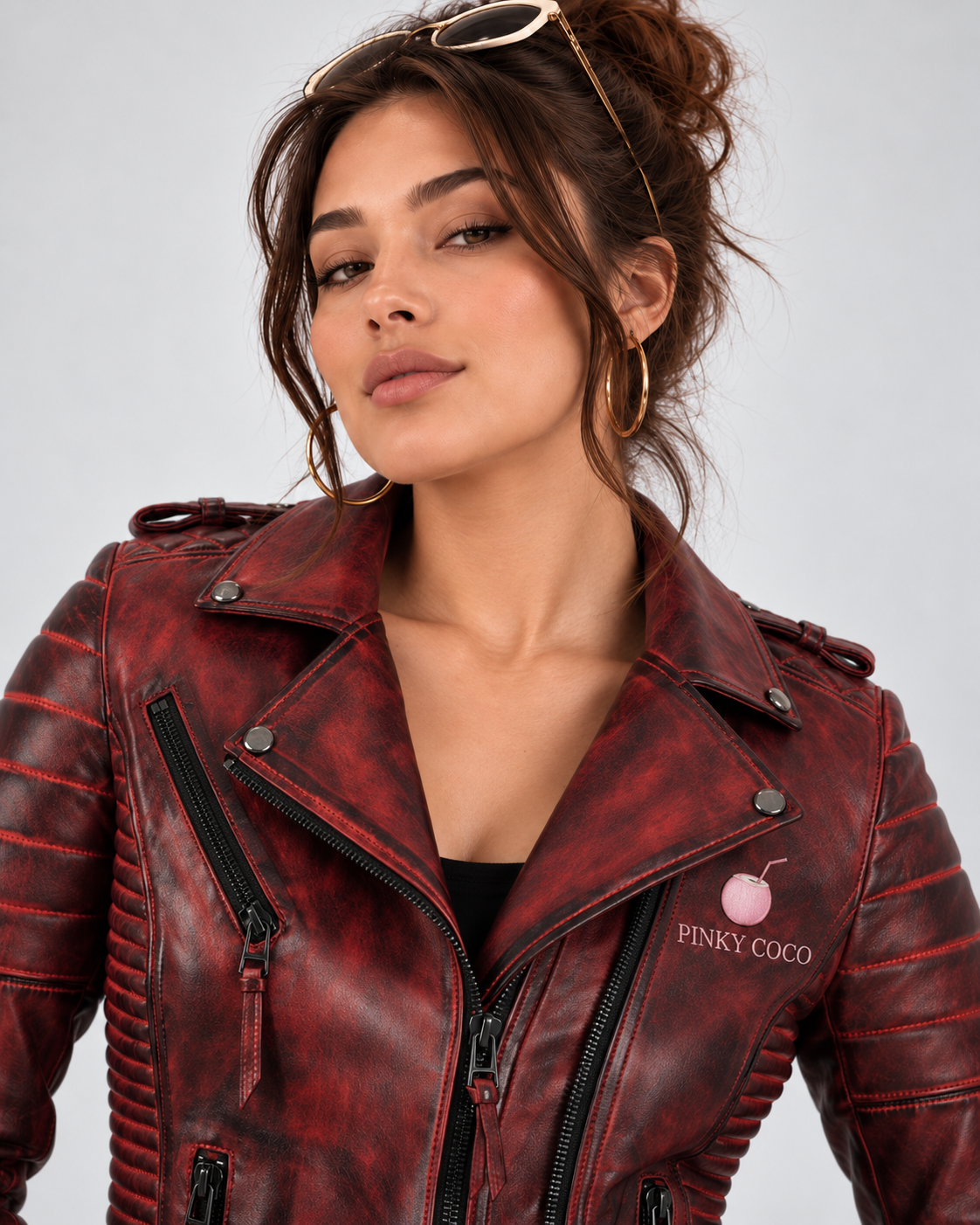 PinkyCoco Burnt Crimson jacket lapel zipper and leather texture close-up
