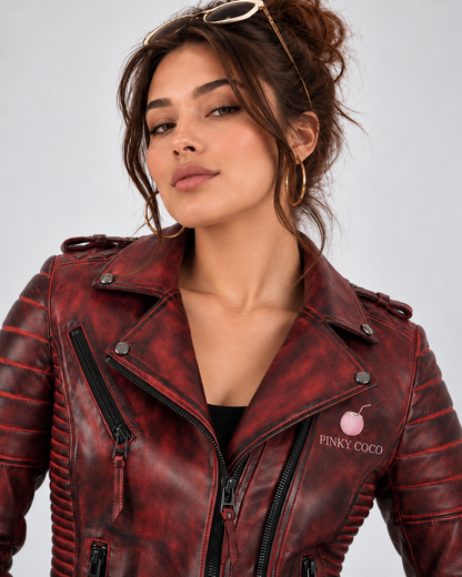 PinkyCoco Burnt Crimson jacket lapel zipper and leather texture close-up