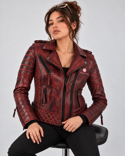 PinkyCoco Burnt Crimson women's lambskin leather jacket seated lifestyle view