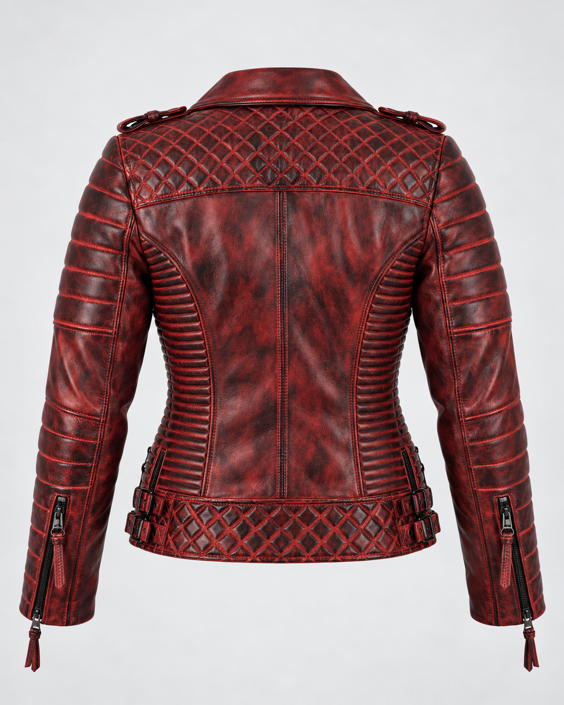 PinkyCoco Burnt Crimson leather biker jacket product back view