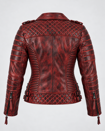 PinkyCoco Burnt Crimson leather biker jacket product back view