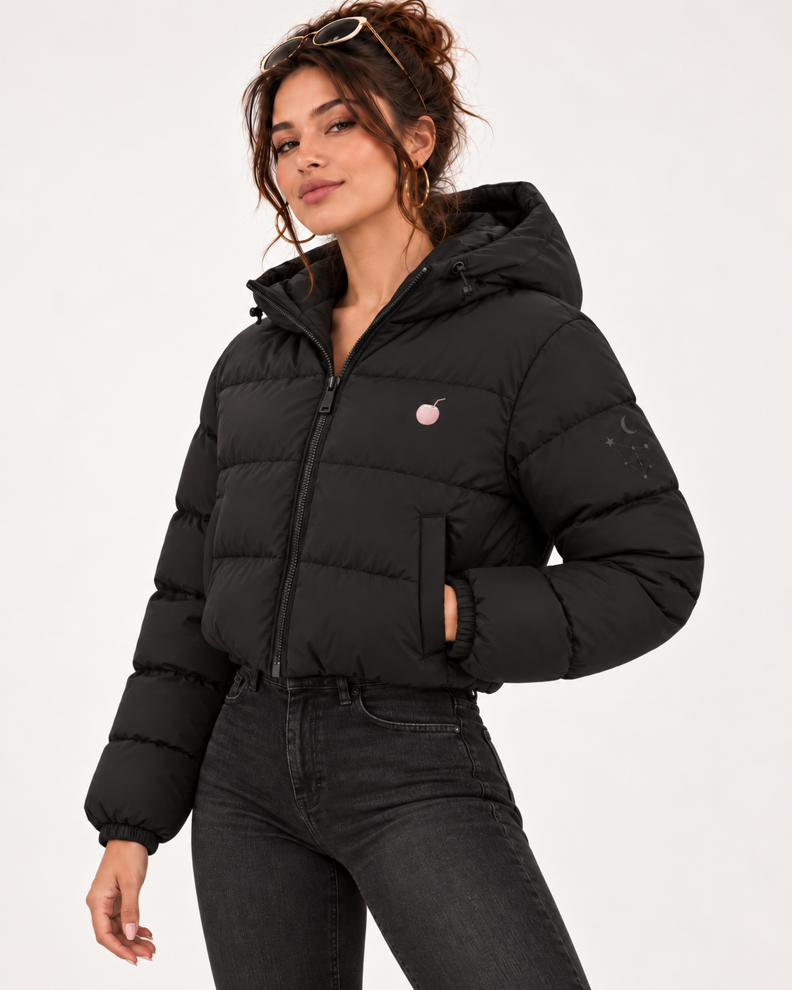 PinkyCoco Celestial women's black cropped hooded puffer jacket front model view
